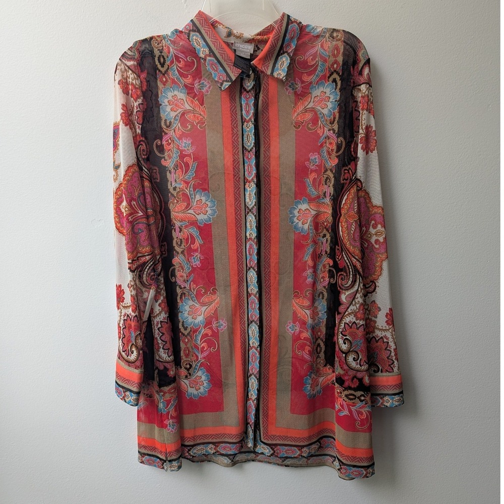 Chico's Travelers Button Up Red Paisley Sheer Mesh Long Sleeve Top Sz L 12/14